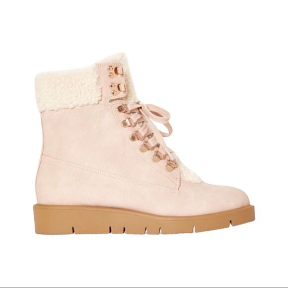 New! JustFab Faux Suede Sherpa Cuff Hiker Lace Up Wedge Winter Boots Booties - Picture 3 of 16